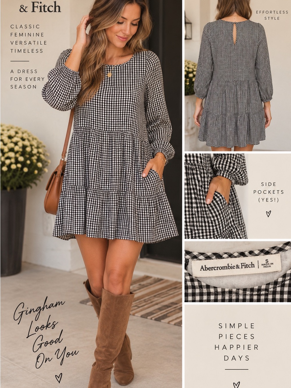 Abercrombie & Fitch S Gingham Tiered Mini Dress Puff Sleeve Cottagecore